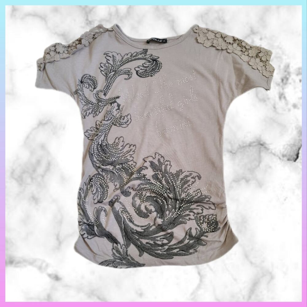 Bermini Beautiful Girls Bedazzled Lace Sleeve T-Shirt SZ XS - Picture 12 of 12